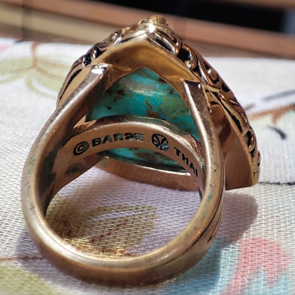 BARSE Triangle Gemstone Turquoise? Ornate Heavy Oversized Ring Brass Size 8 - Picture 4 of 9